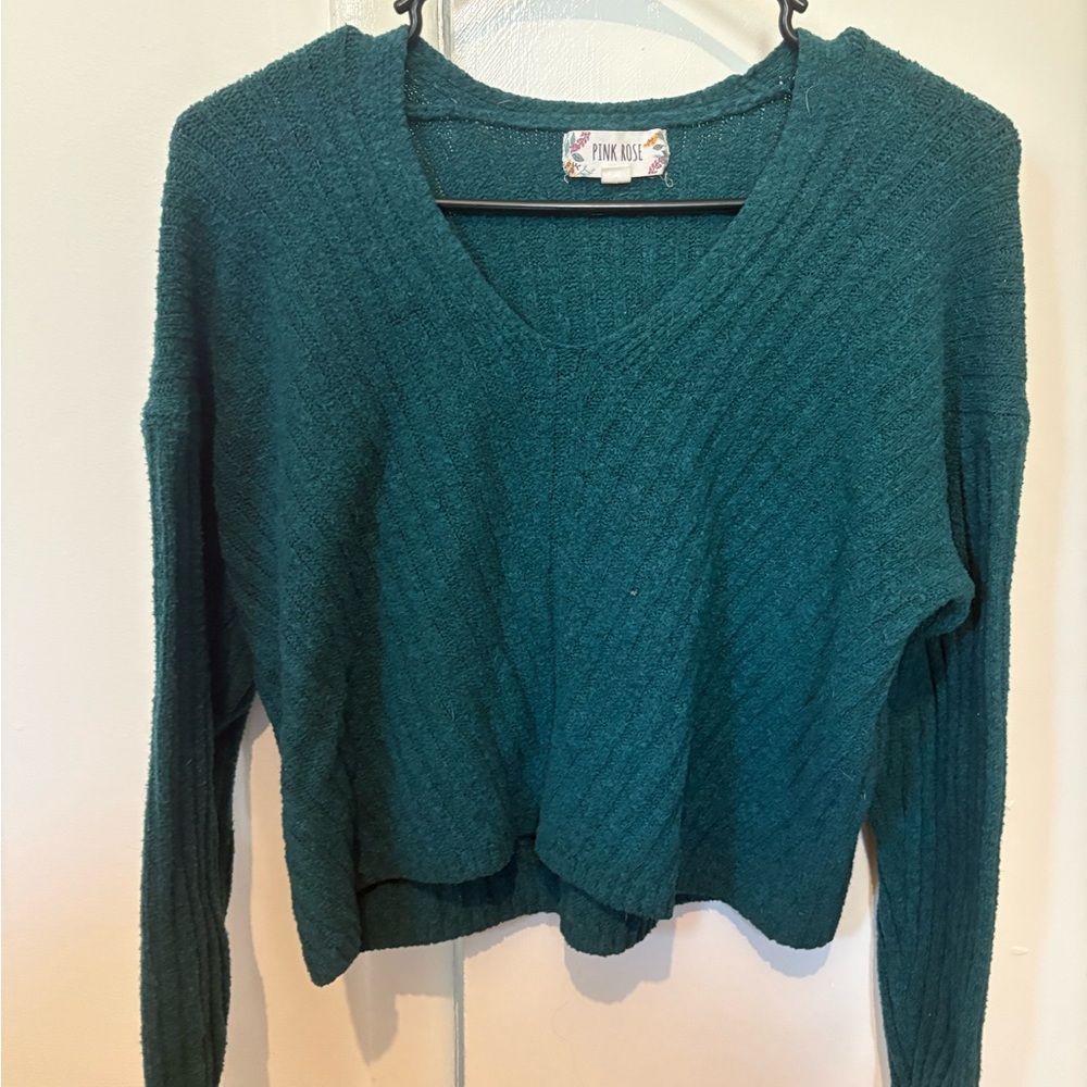 Pink Rose Deep Teal Knit Cropped V-Neck Sweater